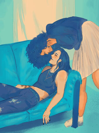 fullbody fanart of my lovely lesbian couple made for a color pallete challenge