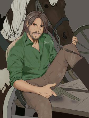 fullbody drawing of my oc Mawce, and his horse